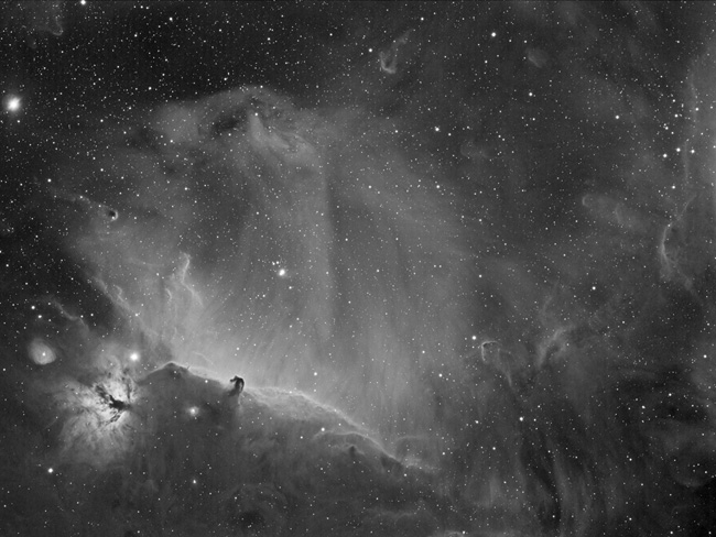 Rgion d'Alnitak (Sigma Orionis) : nbuleuse de la flamme (NGC2024), tte de cheval (Barnard33) et  IC434
